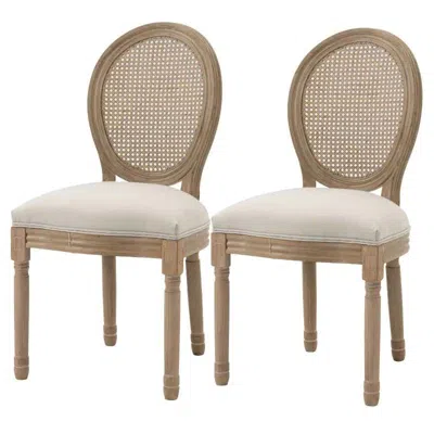 Quikfurn Set Of 2 Vintage Upholstered Armless Rattan Back Dining Chairs Beige White