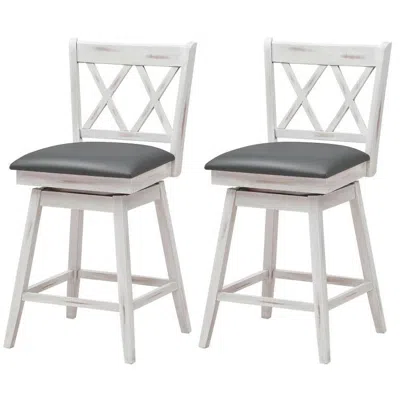 Quikfurn Set Of 2 White Wood 24-in Counter Height Farmhouse Swivel Cushion Seat Barstools