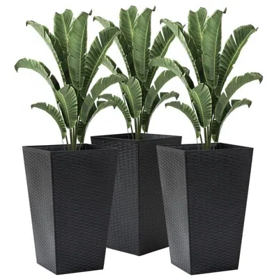 Quikfurn Set Of 3 Faux Rattan Plastic Tall Large Flower Pots In Black