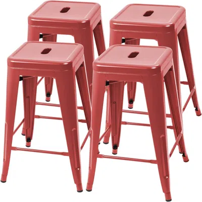 Quikfurn Set Of 4 - 24-in. Indoor/outdoor Backless Stacking Red Metal Barstools In Pink