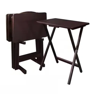 Quikfurn Set Of 4 - Folding Tv Tray Table Set With Stand In Dark Brown Wood Finish