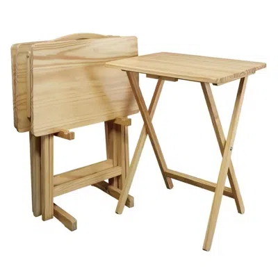 Quikfurn Set Of 4 - Solid Wood Folding Tv Tray Table Set With Stand In Natural Finish In Brown