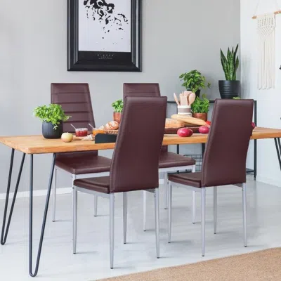 Quikfurn Set Of 4 Modern High Back Brown Pvc Leather Dining Chairs With Metal Legs