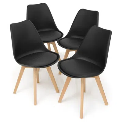 Quikfurn Set Of 4 Modern Mid-century Style Black Pu Leather Dining Chairs With Wood Legs