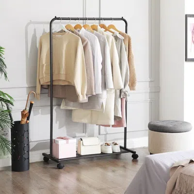 Quikfurn Simple Black Steel Tube Rolling Garment Clothes Rack With Bottom Mesh Shelf