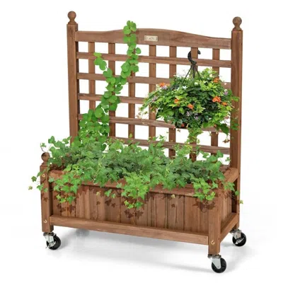 Quikfurn Solid Fir Wood Outdoor Raised Garden Bed Planter Box Cart On Wheels With Trellis