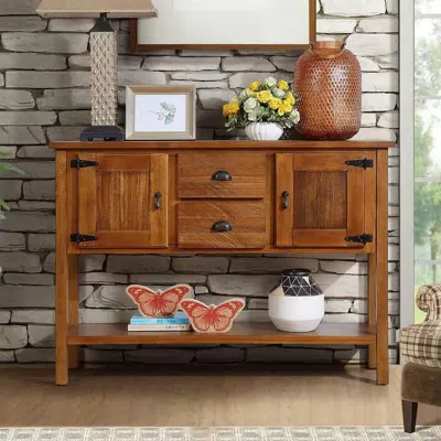 Quikfurn Solid Wood Farmhouse Console Table Buffet Cabinet With Storage Drawers In Brown