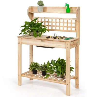 Quikfurn Solid Wood Garden Potting Bench Table With Bottom Shelf And Removeable Sink