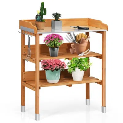 Quikfurn Solid Wood Outdoor Garden Bench Table With Bottom Storage Shelves And Metal Top