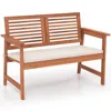 Quikfurn Solid Wood Outdoor Patio Garden Bench W/ Slatted Back Armrests And Seat Cushion