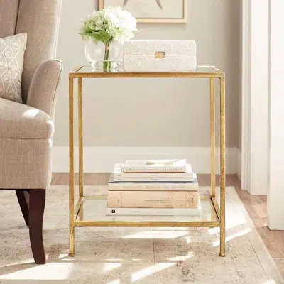 Quikfurn Square Accent Side Table Gold Metal Frame Glass Top Bottom Shelf Sofa Table In Orange