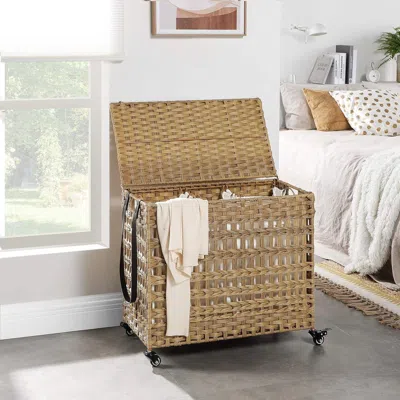 Quikfurn Tan Pp Rattan 3-basket Laundry Hamper Sorter Cart With Removable Cotton Bags
