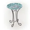Quikfurn Teal Green Blue White Mosaic Glass Birdbath Bowl With Black Metal Stand