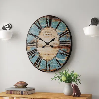 Quikfurn Turquoise Oversized Distressed Paris Wood Wall Clock In Blue
