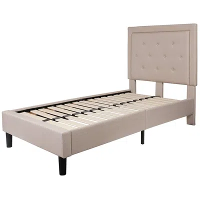 Quikfurn Twin Beige Fabric Upholstered Platform Bed With Button Tufted Headboard