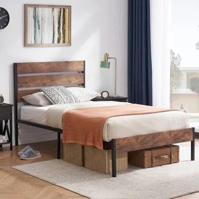 Quikfurn Twin Industrial Platform Bed Frame With Brown Wood Slatted Headboard Footboard