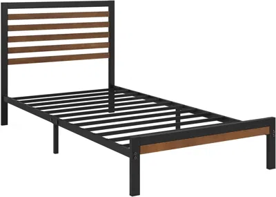 Quikfurn Twin Metal Platform Bed Frame With Bamboo Wood Slatted Headboard And Footboard