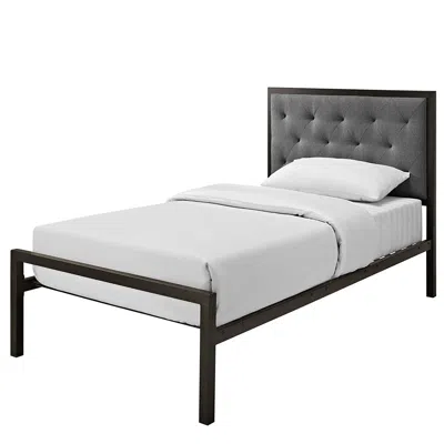 Quikfurn Twin Metal Platform Bed With Gray Fabric Button Tufted Upholstered Headboard