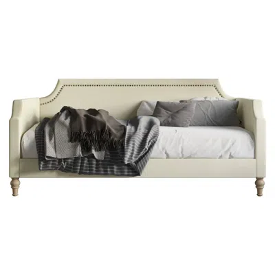 Quikfurn Twin Size Beige Cream Polyester Fabric Upholstered Daybed With Nailhead Trim In Black