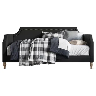 Quikfurn Twin Size Black Polyester Fabric Upholstered Daybed With Nailhead Trim