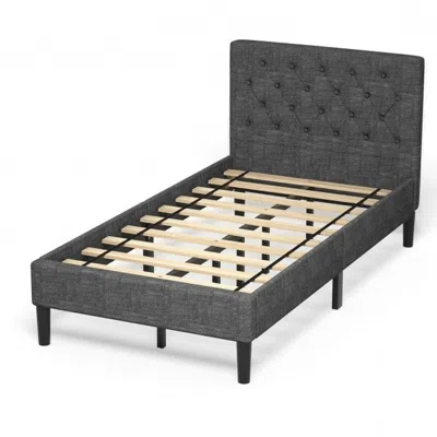 Quikfurn Twin Size Grey Upholstered Button Tufted Headboard Platform Bed