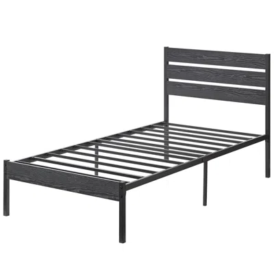 Quikfurn Twin Size Industrial Platform Bed Frame With Wood Slatted Headboard In Black