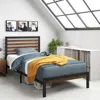 Quikfurn Twin Student Dorm Black Metal Platform Bed Frame With Brown Wood Slat Headboard