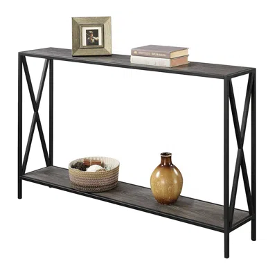 Quikfurn Weathered Grey Wood Console Sofa Table With Bottom Shelf And Metal Frame
