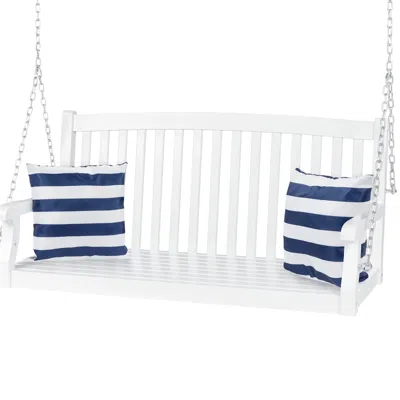 Quikfurn White Acacia Wooden Curved Back Hanging Porch Swing Bench With Mounting Chains