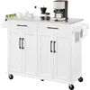 Quikfurn White Kitchen Cart Island With Stainless Steel Top 2 Drawers And Cabinet