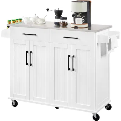 Quikfurn White Kitchen Cart Island With Stainless Steel Top 2 Drawers And Cabinet