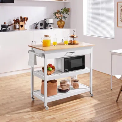 Quikfurn White Kitchen Island Cart With Drawer Storage Shelves And Locking Casters