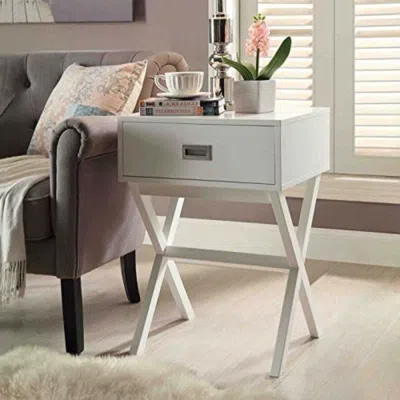 Quikfurn White Modern 1-drawer End Table Nightstand With X-legs