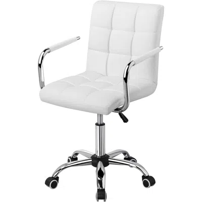 Quikfurn White Modern Faux Leather Mid-back Swivel Office Chair With Armrests And Wheels