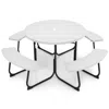Quikfurn White Outdoor Metal And Hdpe Picnic Table Bench Set With Umbrella Hole - Seats 8