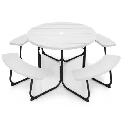 Quikfurn White Outdoor Metal And Hdpe Picnic Table Bench Set With Umbrella Hole - Seats 8 In Blue