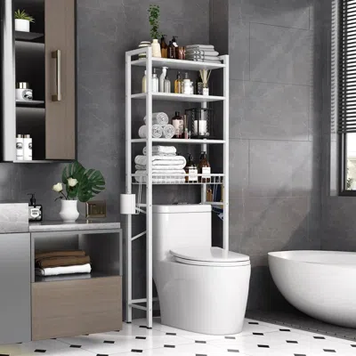 Quikfurn White Over The Toilet Storage Freestanding Industrial Metal Wood Shelving Unit