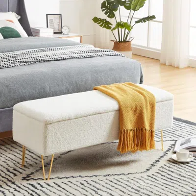 Quikfurn White Sherpa Fabric Upholstered End Of Bed Storage Bench With Gold Finish Legs In Brown