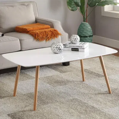 Quikfurn White Top Mid-century Coffee Table With Solid Wood Legs