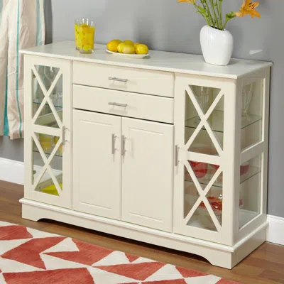Quikfurn White Wood Buffet Sideboard Cabinet With Glass Display Doors