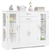 Quikfurn White Wood Buffet Sideboard Cabinet With Glass Display Doors