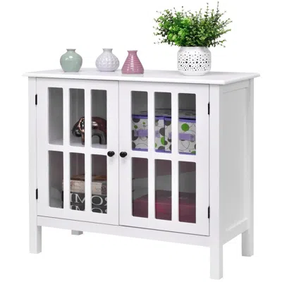 Quikfurn White Wood Sideboard Buffet Cabinet With Glass Panel Doors