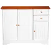 QUIKFURN WHITE WOOD SIDEBOARD BUFFET CABINET WITH WALNUT FINISH TOP AND KNOBS
