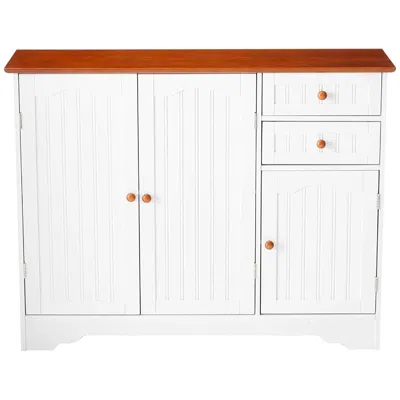 Quikfurn White Wood Sideboard Buffet Cabinet With Walnut Finish Top And Knobs