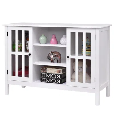 Quikfurn White Wood Sofa Table Console Cabinet With Tempered Glass Panel Doors