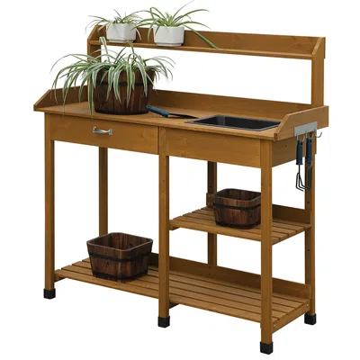Quikfurn Wooden Potting Bench Work Table-sink Light Oak Finish