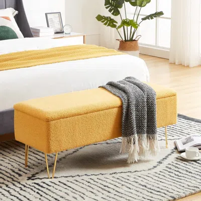 Quikfurn Yellow Sherpa Fabric Upholstered End Of Bed Storage Bench With Gold Finish Legs In Orange