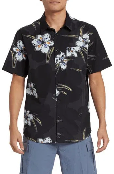 Quiksilver Apero Floral Short Sleeve Stretch Cotton Button-up Shirt In Black Paper
