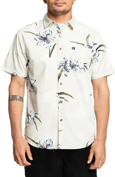 Quiksilver Apero Floral Short Sleeve Stretch Cotton Button-up Shirt In Silver Birch Print