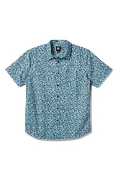 Quiksilver Floral Print Short Sleeve Button-up Shirt In Beach Blue
